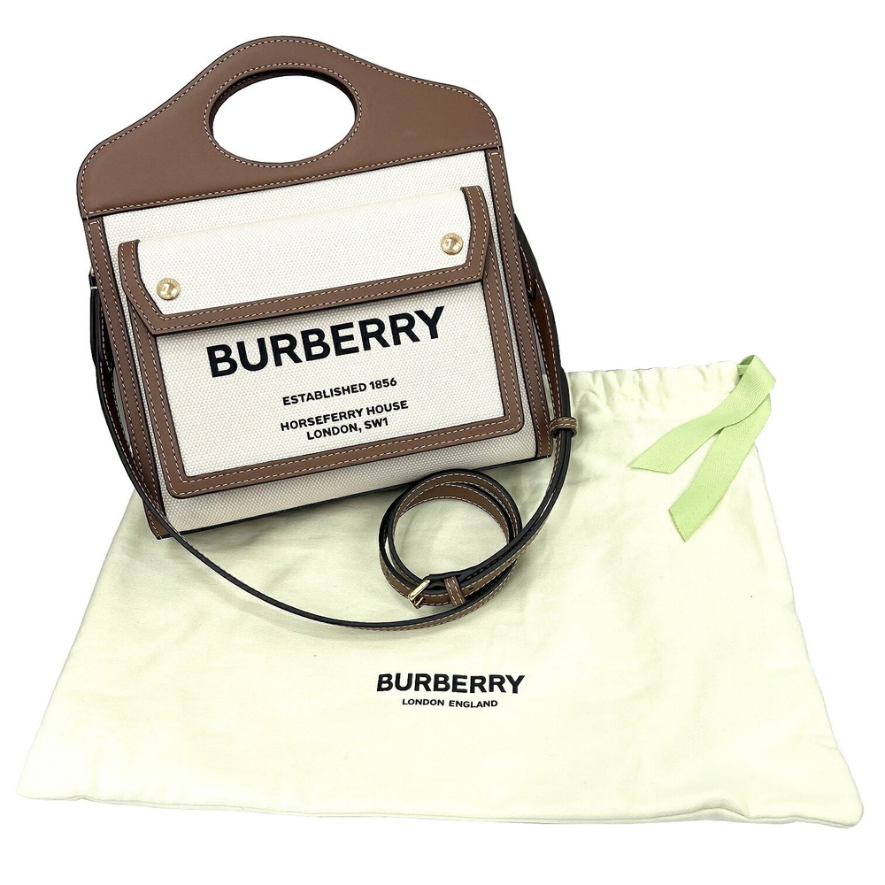 BURBERRY Pocket Bag Leather Canvas Brown Shoulder Handbag - Picture 7 of 7